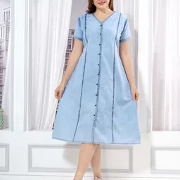 EASY MOM V-Neck Belted Cotton Denim Casual A-Line Midi Dress-picture-12