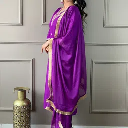 KALINI Women Floral Embroidered Regular Sequinned Chanderi Silk Kurta with Trousers & With Dupatta image 3