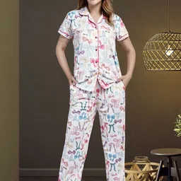 Clothus Satin Printed Shirt Collar Night suit-picture-10