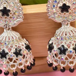 MEIRA JEWELLERY Silver-Plated Artificial Stones Studded & Beaded Dome Shaped Jhumkas image 2