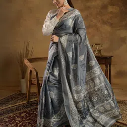 Sangria Ethnic Motifs Printed Tussar Saree Without Blouse image 2