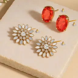 MANSIYAORANGE Set Of 2 Gold Plated Kundan & American Diamond Studded Floral Shaped Studs-picture-17