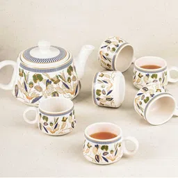 laxmi creation Pack of 7 Ceramic flower Tea set with kettle ( pack of 6 cup and 1 kettle) image 2