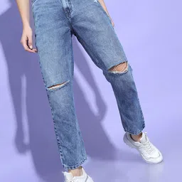 Tokyo Talkies Women Blue Slash Knee Light Fade Cotton Jeans-picture-55