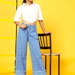 TALES & STORIES Girls Wide Leg High-Rise  Printed Light Fade Stretchable Jeans-picture-21