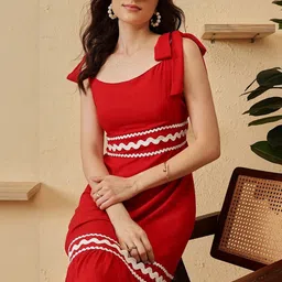CORSICA Women Red Viscose Rayon Tie-Up Sleeves A-Line Maxi Dress-picture-18
