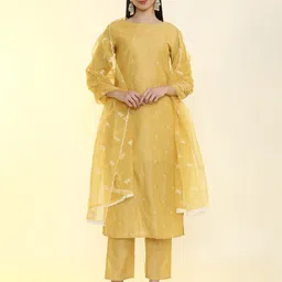 Jaipur Kurti Floral Embroidered Chanderi Silk Kurta with Trousers & Dupatta-picture-21