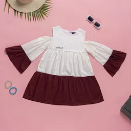 Purple United Kids Girls Colourblocked Round Neck Flared Sleeve Cotton Fit & Flare Dress-picture-35