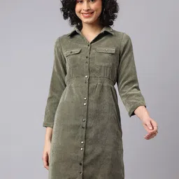 Latin Quarters Self Design Shirt Collar Above Knee Length A-Line Dress-image-32