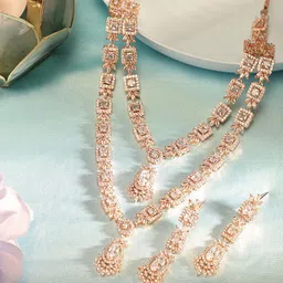 Priyaasi Rose Gold Plated American Diamond Layered Necklace & Earrings-picture-33