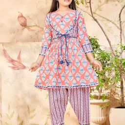 Sangria Girls Peach and White Ethnic Motifs Printed Pure Cotton Kurta With Patiala-picture-23