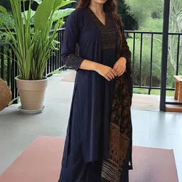 Moda Rapido Ethnic Motifs Embroidered Thread Work Kurta With Palazzos & Dupatta-image-15