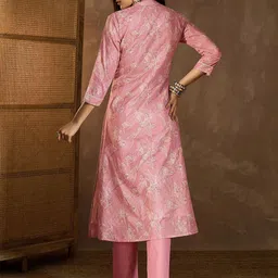 Inddus Floral Printed Mandarin Collar Thread Work Kurta With Trousers image 2