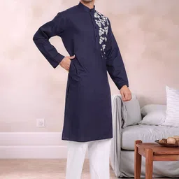 Moda Rapido Men Floral Embroidered Regular Thread Work Pure Cotton Kurta with Pyjamas image 2
