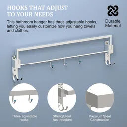 Kuber Industries Silver-Toned Stainless Steel Towel Rod With Adjustable Hooks image 4