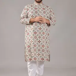SOJANYA PLUS Size Ethnic Motifs Printed Band Collar Cotton Linen Straight Kurta-picture-40