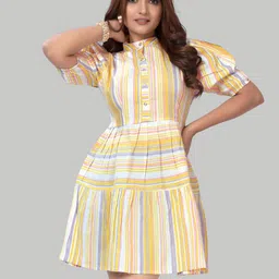 Zelzis Women Stripe Mandarin Collar Neck Puff Sleeve Fit & Flare Dress-picture-22