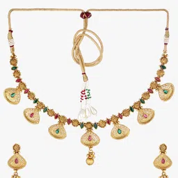 Adwitiya Collection 24CT Gold-Plated Red & Green Stone-Studded & Beaded Antique Jewellery Set image 2