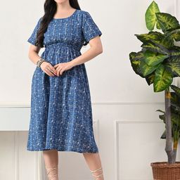 KALINI Women Blue Printed Round Neck A-Line Cotton Midi Dress-picture-8