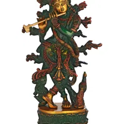 Exotic India Green & Brown Lord Krishna Brass Idol Showpiece image 2