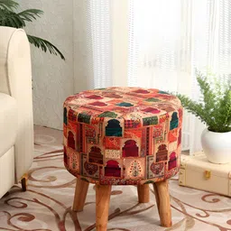 NACIA Brown & Beige Ethnic Motifs Printed Round Shape Wooden Ottomans-image-70