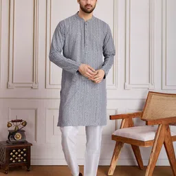 House of Pataudi Ethnic Chikankari Straight Kurta & Trousers Set-image-7