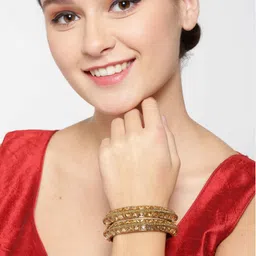 Priyaasi Set of 2 Peach-Coloured Antique Gold-Plated Stone-Studded Handcrafted Bangles image 1