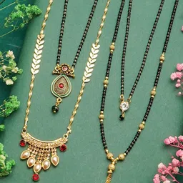 Ramdev Art Fashion Jwellery Set Of 4 Gold-Plated Stone-Studded & Beaded Mangalsutras image 3