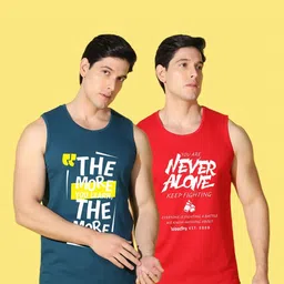 WOOSTRO Men Pack Of 2 Typography Sleeveless Printed Slim Fit T-shirt image 3