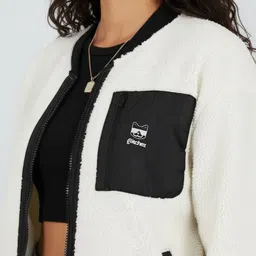 glitchez Relaxed Fit Sherpa Jacket with Chest Pocket and Contrasting Edges image 2