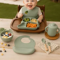 isupta Bone China 6-Piece Silicone Baby Feeding Set with Suction Base and Wooden Handles Dinner Set image 4