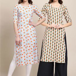 7threads KALINI Pack Of 2 Women Grey & Beige Ethnic Motifs Printed Summer Sheers Crepe Kurta-picture-34