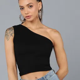 Rock Paper Scissors Women Black Solid One Shoulder Crop Top-picture-15