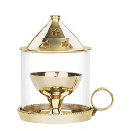 BOROSIL Mangal Diya Brass Decorative Glass Oil Lamp Tea Light Holder with Glass Chimney image 2