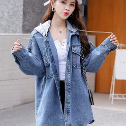 StyleCast x Revolte Blue Washed Hooded Longline Cotton Denim Jacket-picture-11