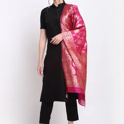 SOUNDARYA Magenta & Gold-Toned Ethnic Motifs Woven Design Banarasi Silk Dupatta image 3