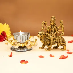 Ekhasa Gold Toned 2 Pieces Pure Brass Durga Maa Idol & Tealight Candle Holders image 1