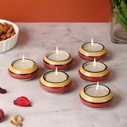 VarEesha 6 Pcs Red & Yellow Striped Ceramic Diyas & Tea Light Holders image 1