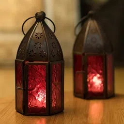 Homesake Set of 2 Copper Antique Metal Finish Moroccan Lantern Candle Holder With Wall Hook image 1