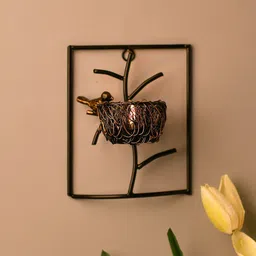 Homesake Black Wall Bird With Nest Leaf Designed Candle Holders image 1