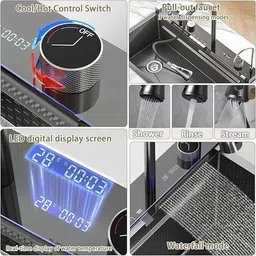 evanex 304 Grade Stainless Steel Waterfall Kitchen Sink with LED Pannel,Digital Display Vessel Sink image 2