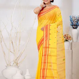 PuJoy Ethnic Motifs Zari Pure Cotton Taant Saree-image-21