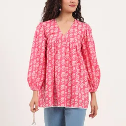 Divena Floral Print Bell Sleeve Cotton Peplum Top-picture-10