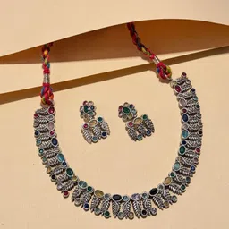 NAMAN ARTS Silver-Plated Stone Studded Oxidised Jewellery Set-picture-41