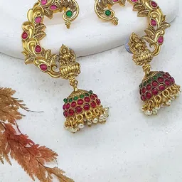 GRIIHAM Gold-Plated Cubic Zirconia Studded & Pearls Beaded Dome Shaped Jhumkas-picture-21