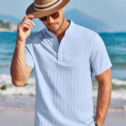Zombom Striped Cotton Thread Work Mandarin Collar Short Kurta-image-1