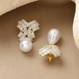 Rubans 18K Gold-Plated AD Studded & Pearls Beaded Contemporary Drop Earrings image 3