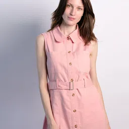 Virgio Women Cotton Shirt Collar Midi Length Solid Sleeveless Dresses-image-35