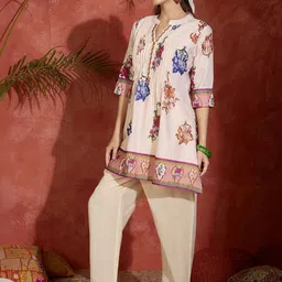 Indo Era Women Ethnic Motifs Printed Regular Thread Work Pure Cotton Kurti with Trousers image 2