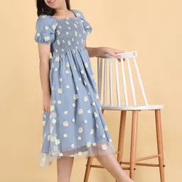 STARWORD Girls Floral Printed Puff Sleeve Net Fit & Flare Midi Dress image 2